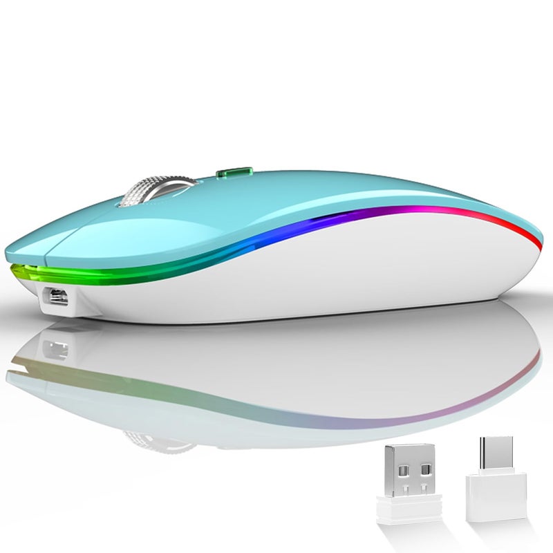Uiosmuph LED Wireless Mouse, G12 Slim Rechargeable Silent Mouse, 2.4G Portable USB Optical Wireless Computer Mice with USB Receiver and Type C Adapter (Blue) - Image 1